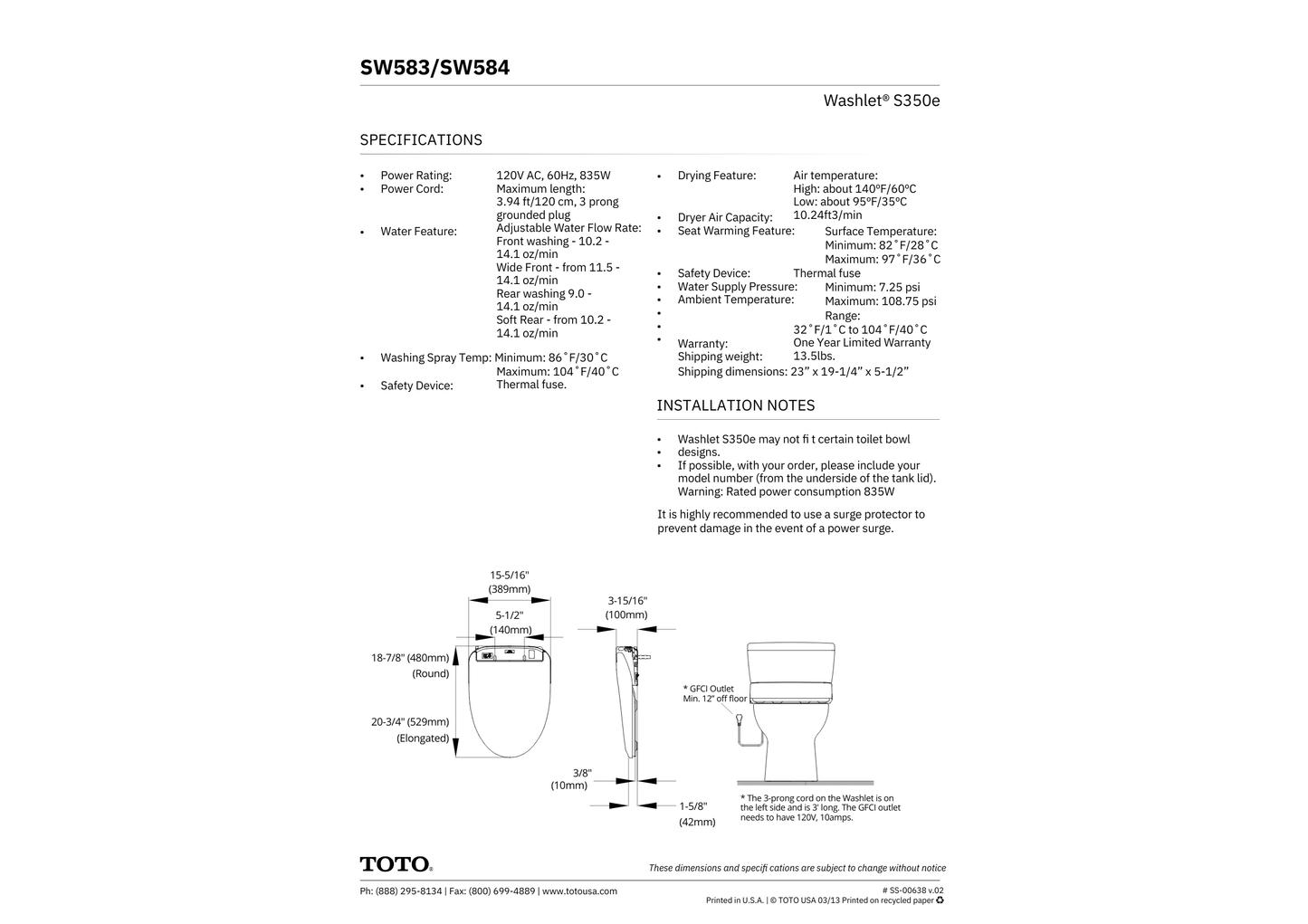 TOTO TSW58301 Washlet" Toilet Seat.