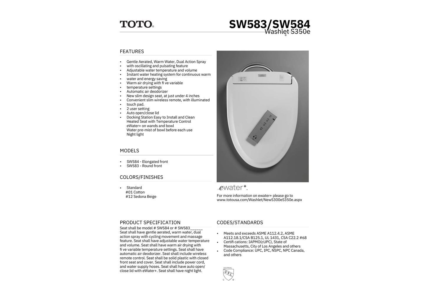 TOTO TSW58301 Washlet" Toilet Seat.
