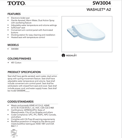 ElongatedTOTO® WASHLET® A2  Electronic Bidet Toilet Seat with Heated Seat and SoftClose® Lid, Elongated, Cotton White