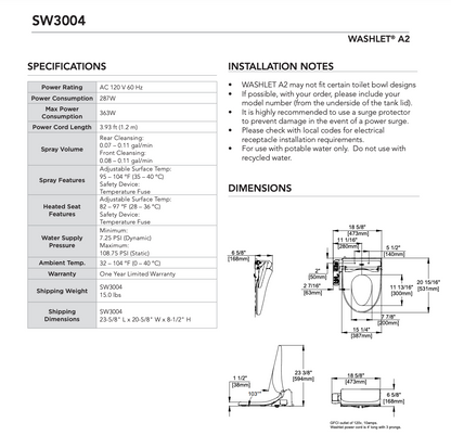 ElongatedTOTO® WASHLET® A2  Electronic Bidet Toilet Seat with Heated Seat and SoftClose® Lid, Elongated, Cotton White